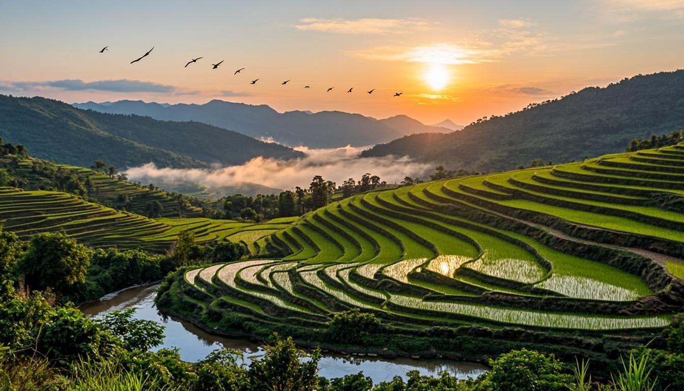Lush Nepali landscape with terraced hills and biodiversity